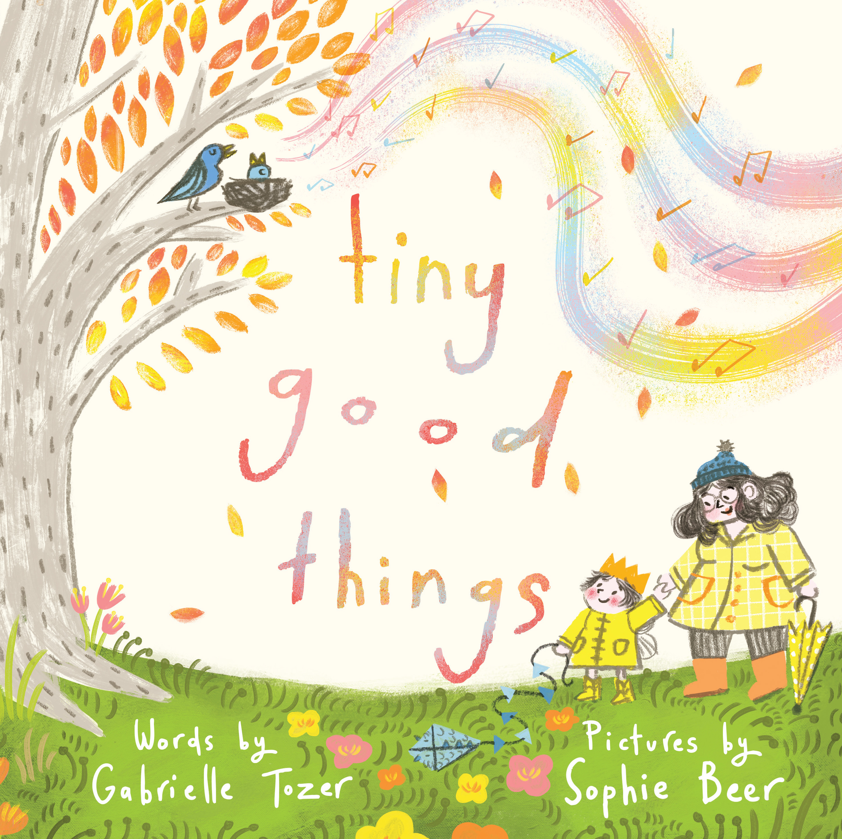 Book cover for "Tiny Good Things" by Gabrielle Tozer, featuring figures standing under an Autumn tree loosing it's leaves.