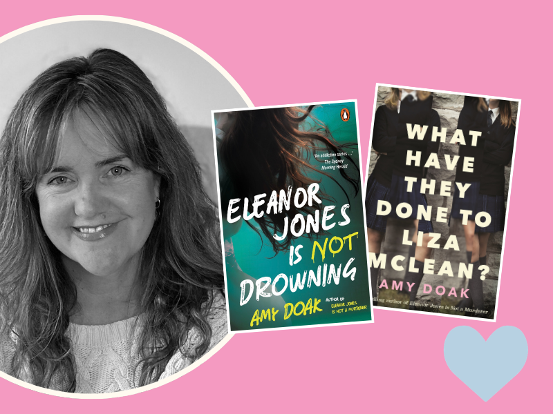 Headshot of author Amy Doak with a book cover of Eleanor Jones is Not Drowning and a book cover What Have They Done to Liza Mclean?