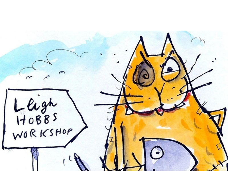 Illustration of Leigh Hobbs' character, Old Tom with a sign next to him that says Leigh Hobbs workshop