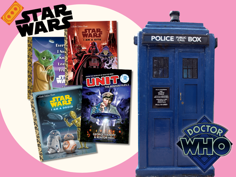 Collage image of Star wars edition Little Golden Books and Unit, a Dr Who series book. Also in the image is the Old blue police phone box, the Tardis, from Dr Who and the Dr Who and Starwars logos.