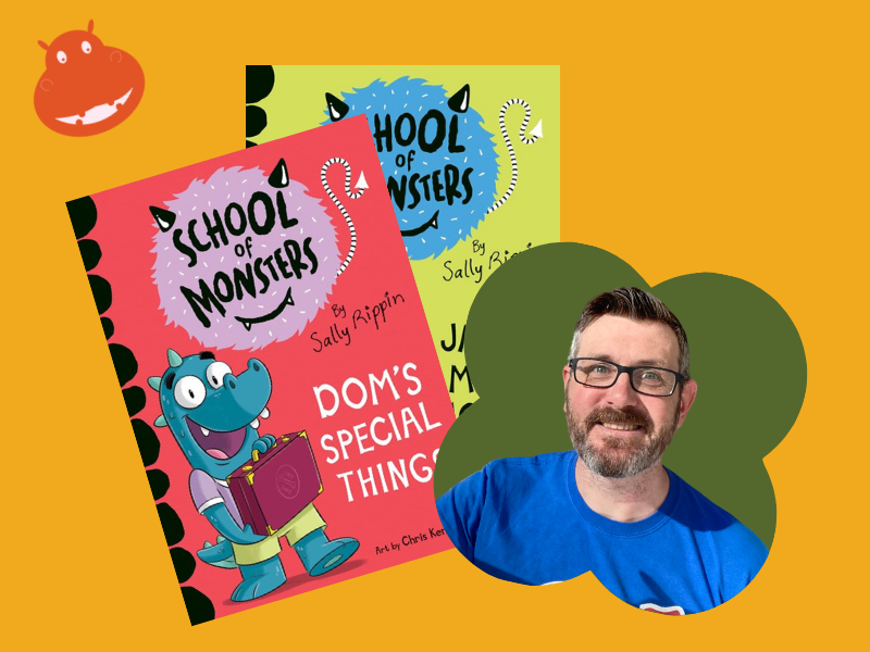 Image of Illustrator Chris Kennett and two of the school of monster series books which he illustrated