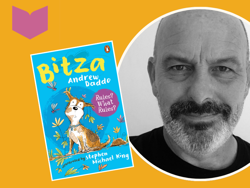 Headshot of author Andrew Daddo with a book cover Bitza