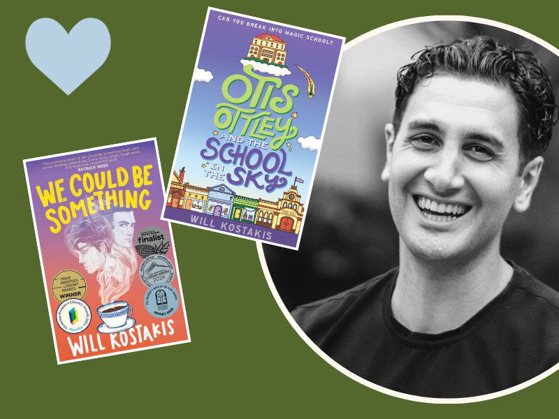 Headshot of author Will Kostakis and images of book covers We Could Be Something and Otis Ottley and the School in the Sky