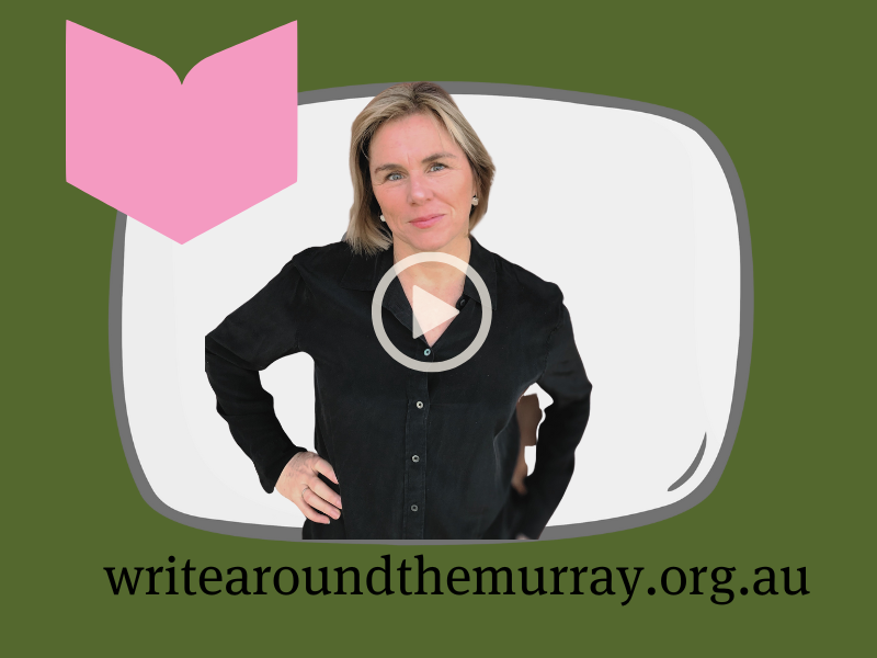 Image of Author and Short Story Judge, Margaret Hickey Standing infront of a illustration of a tv screen. Text on the bottom of image, writearoundthemurray.org.au