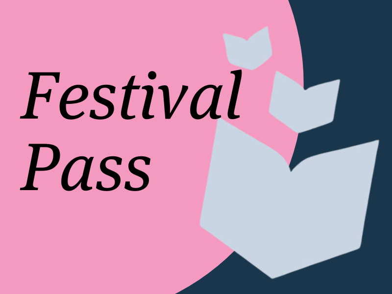 Image of three light blue book icons on a navy blue and pink background. Text overlayed the image says, Festival Pass