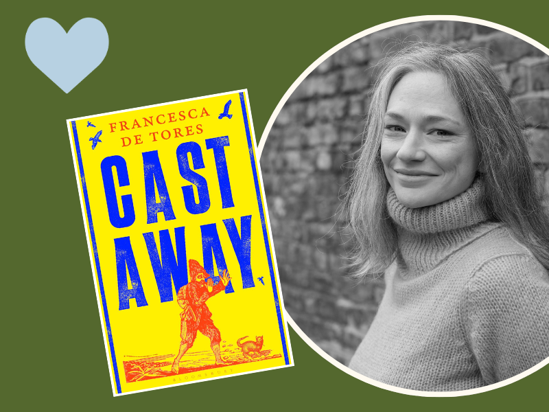 Headshot of author Francesca de Tores with a book cover Cast Away