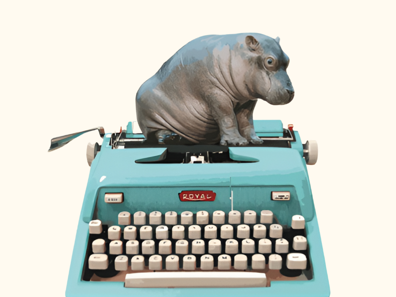Image of a tiny hippo sitting on a typewriter