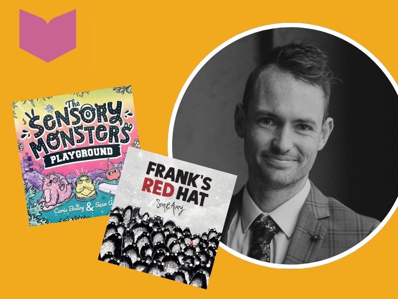 Headshot of author Sean Avery with book cover The Sensory Monsters and book cover Frank's Red Hat