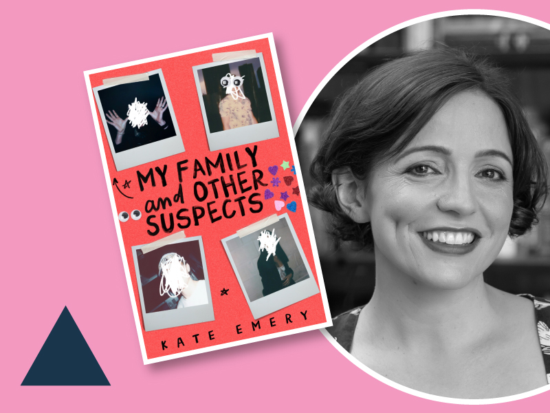 Headshot of Kate Emery and her book My family and Other Suspects