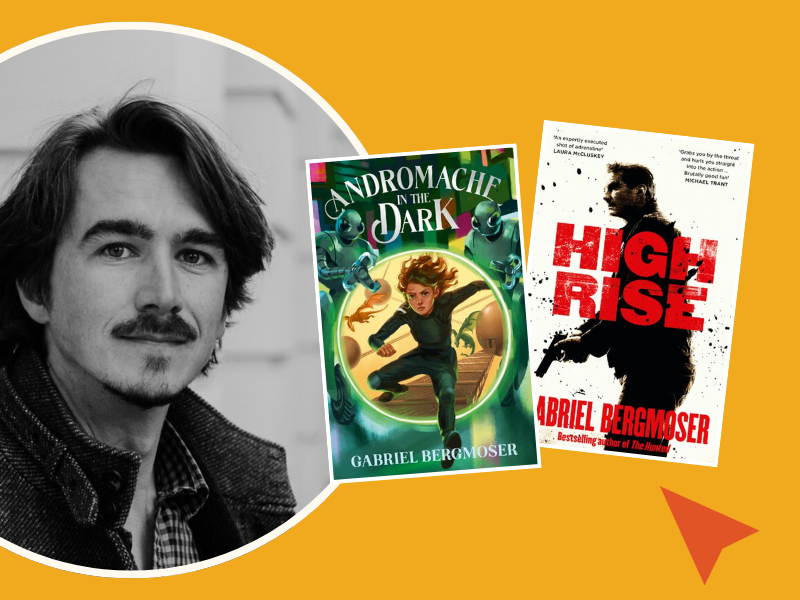 Headshot of author Gabriel Bergmoser with a book cover Andromache in the Dark and a book cover High Rise